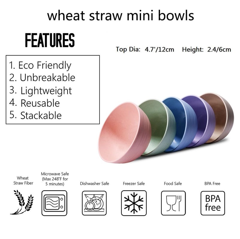 Choary Eco-friendly Wheat Straw Bowls, 4.7 inches mini Snacks Bowl Sets,Unbreakable Natural Non-Toxin mini Bowls for Fruits, Microwave Dishwasher safe BPA FREE set of 5. - Image 2